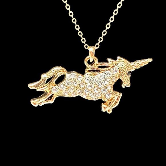 Unicorn Pendant Necklace Rhinestone Gold Tone 1-3/4" Pave Crystal 15" GF Chain - Picture 10 of 11